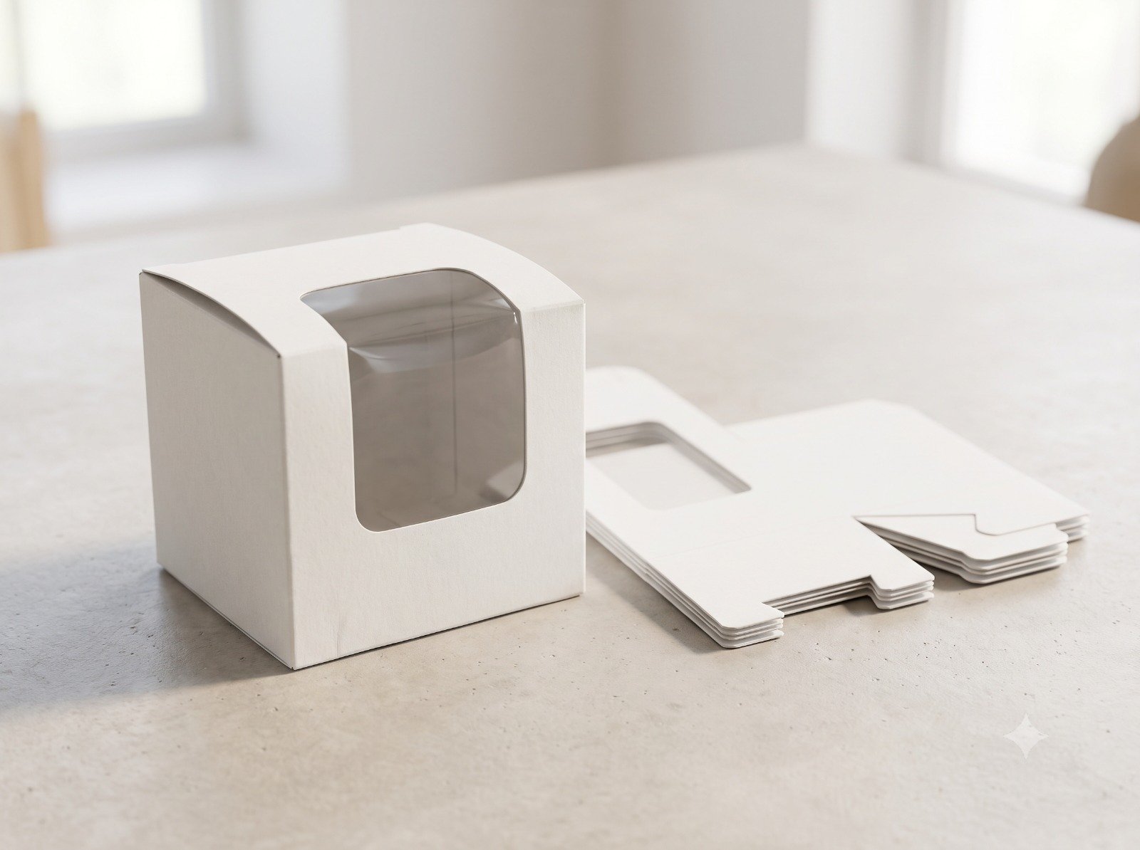 9x9x8 cm white window packaging box assembled next to flat-packed cartons on neutral background