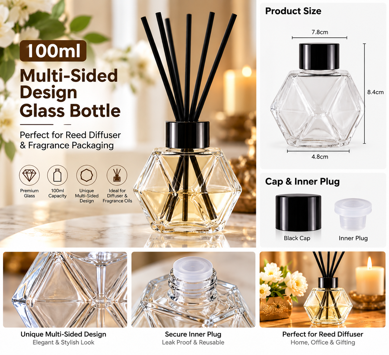 100ml multi-sided cap with inner plug (Pack of 6)