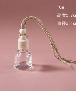 Vedini 10ml hanging car perfume bottle with transparent glass body, natural wooden cap and braided rope.