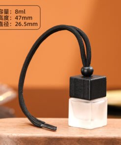 Vedini 8ml rectangular hanging car perfume bottle with transparent glass body, black cap and hanging cord